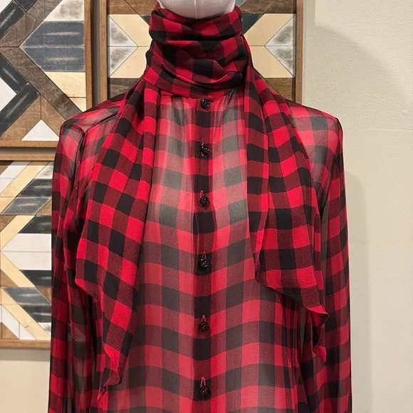 Vintage Ralph Lauren Collection Silk Plaid Button-Up Top Blouse Red / Black 6 - Picture 3 of 12